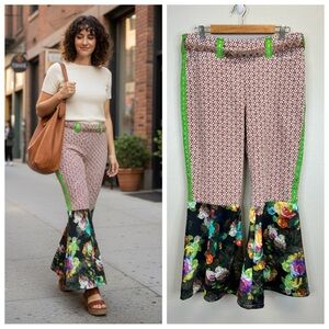 Floral Colorful Flare Pants Fun Festival Hippie Boho Size 12 Stretch Maximalist